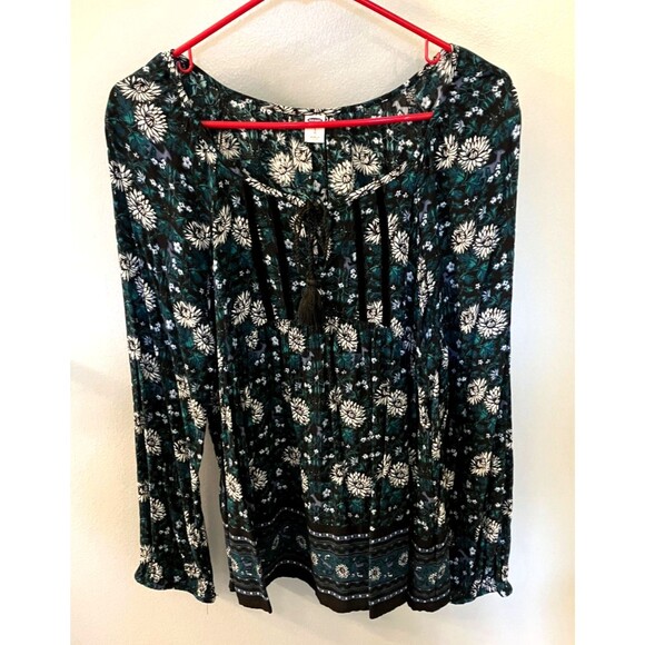 Old Navy Boho Floral Pheasant Blouse Black/Green/White Size Large - Picture 1 of 8